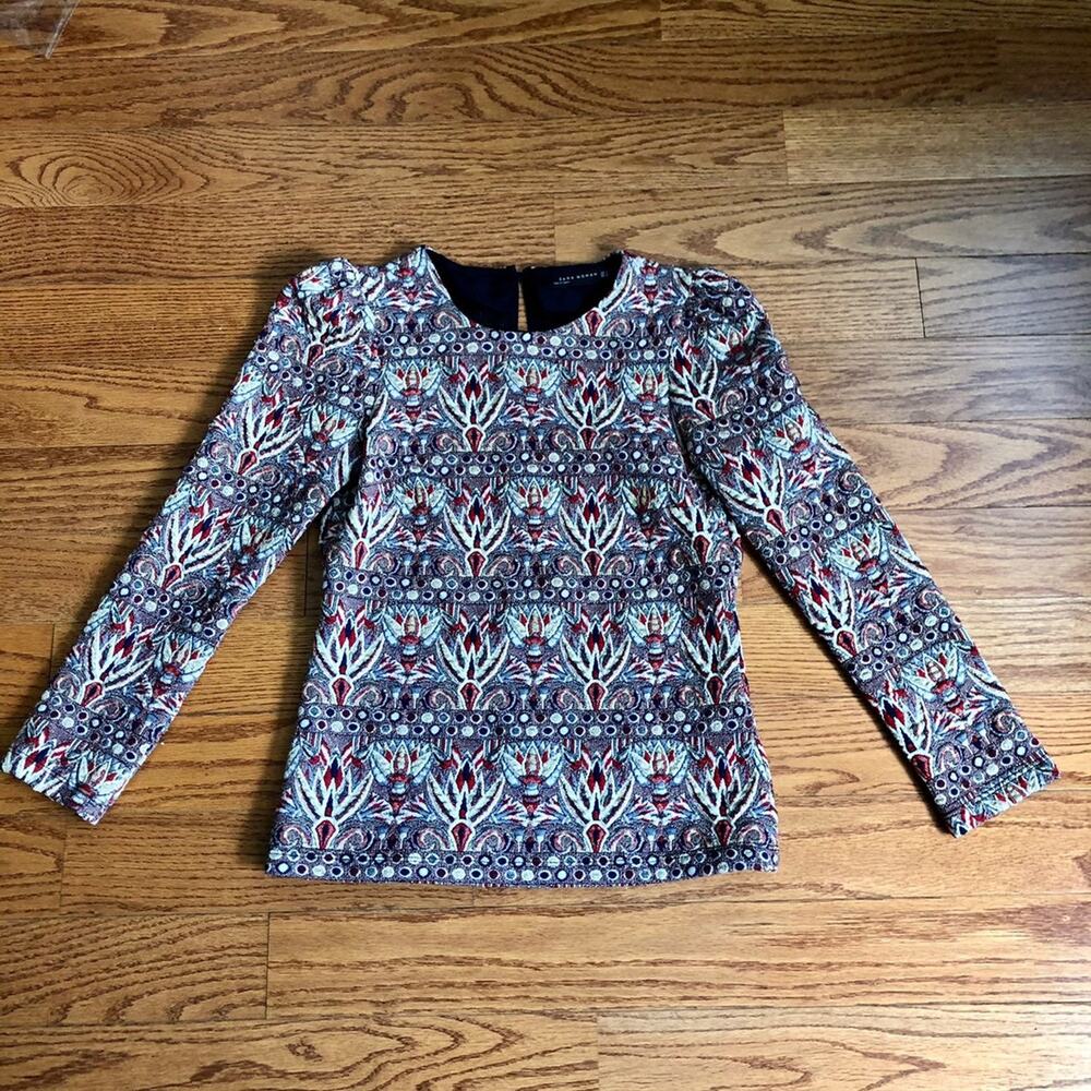 Zara RARE Brocade Print Red Purple Multi Long Sleeves Top Woman's Size Small
